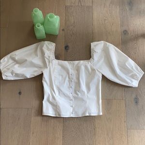 White Puff Sleeve Top w/ Button Detail